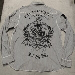 Ed Hardy Shirt Mens Large Embroidered Pearl Snap Sailing Navy Anchor